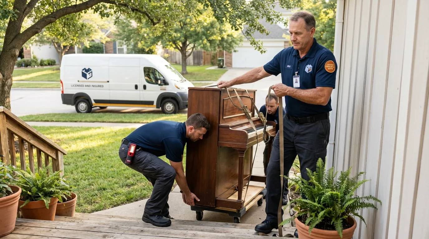 Licensed piano movers securing grand piano in Hill, NH