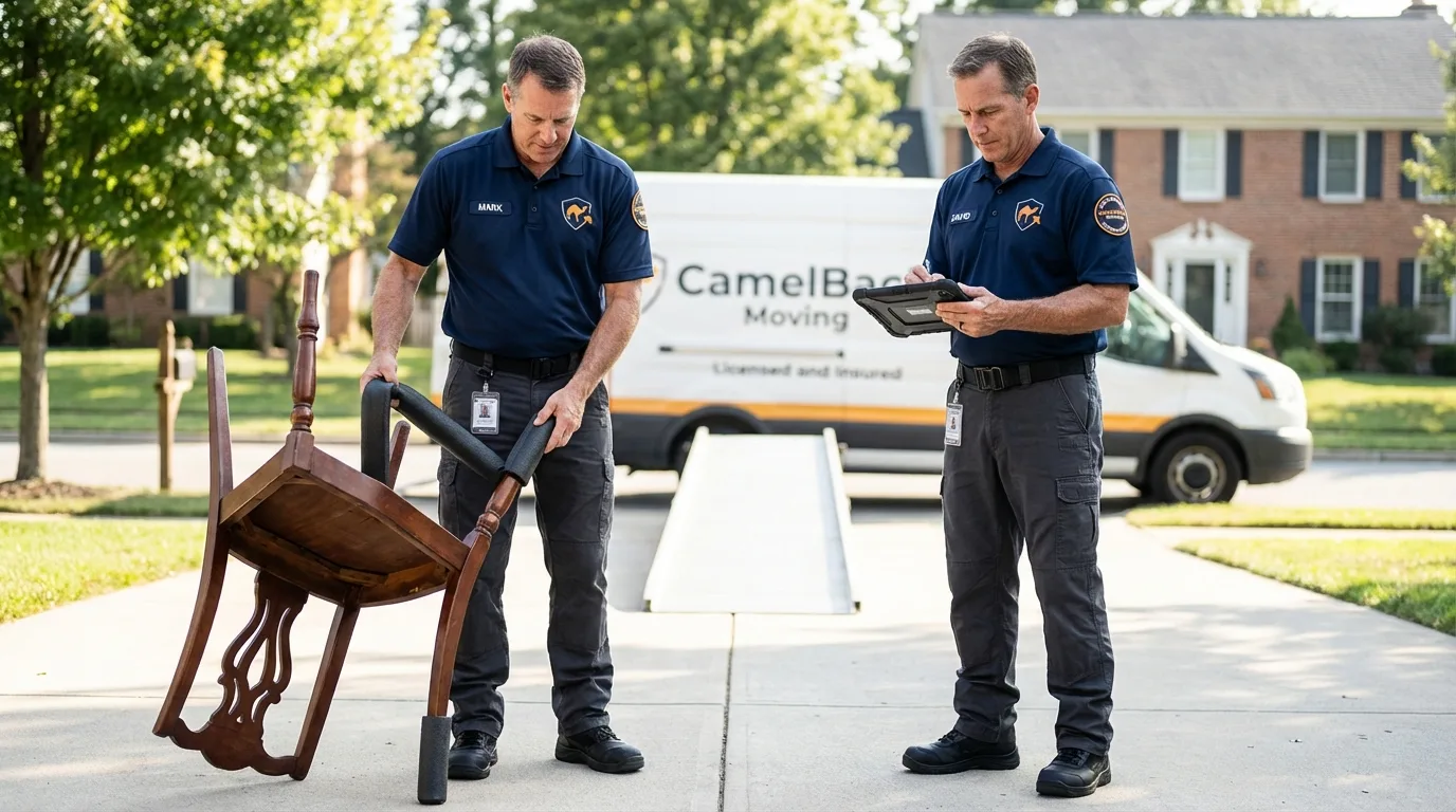 Movers inspecting furniture for damage prevention before loading in Hill, NH