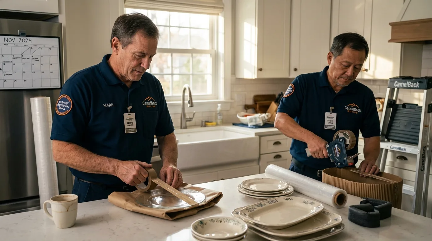 Professional crew packing kitchen dishware in Hill, NH